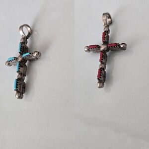 Vtg Zuni 925 Sterling Turqouise And Coral Cross Pendant